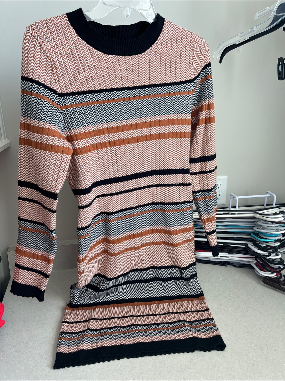 Striped Long-Sleeve Knit Dress in Peach and Black